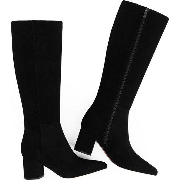 Women's Black Suede Chunky Heel Knee High Pointed Toe Side Zipper Long Boots - Picture 5 of 7